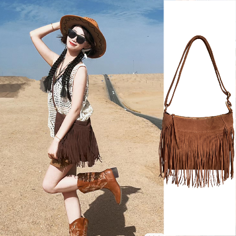 Desert Bohemian Tassel Bag, Vintage Saddle Bag, Single Shoulder Crossbody Bag, Qinghai-Gansu Loop Route, Great Northwest Travel Outfit