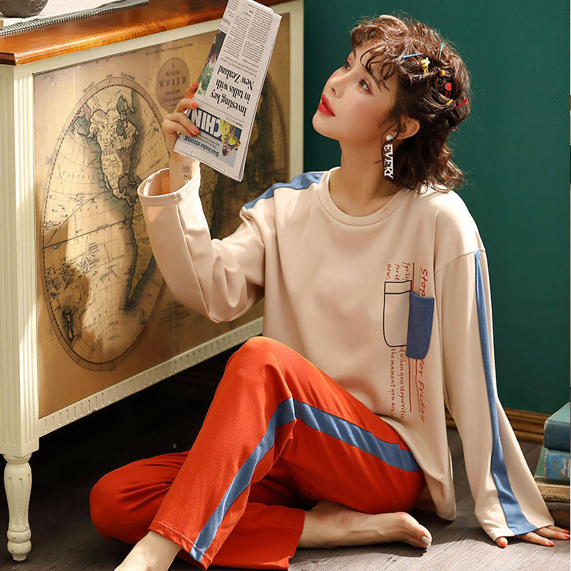 Pajamas women's long-sleeved cotton spring and autumn can be worn outside the Korean version of the leisure pullover women's home clothes cotton autumn and winter suit