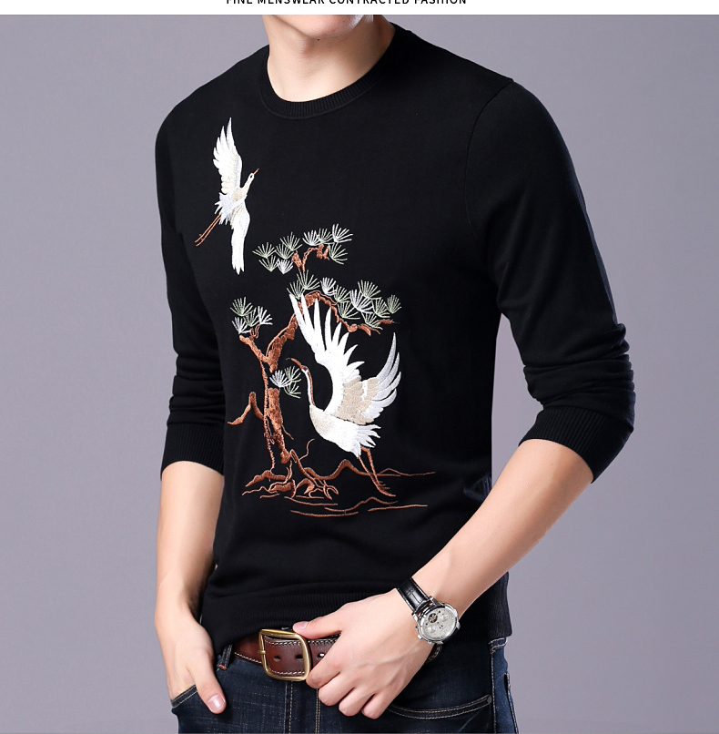 Áo thun nam tay dài mùa thu Kiểu dáng nam Trung Quốc thêu hoa văn rồng hoa T-shirt cá tính thủy triều thương hiệu tròn cổ áo sơ mi mỏng - Áo phông dài áo polo