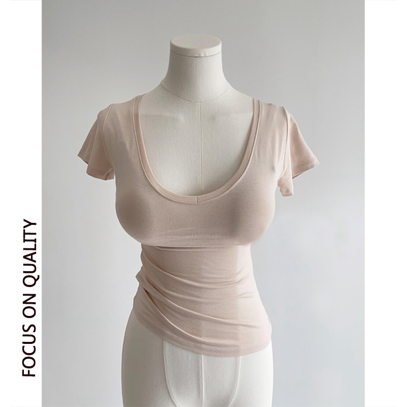 Pure Desire Slim-Fit V-Neck Short-Sleeve T-Shirt for Women, Summer 2025 New Style, Super Pretty Low-Neck Sexy Pink Regular Shoulder Top