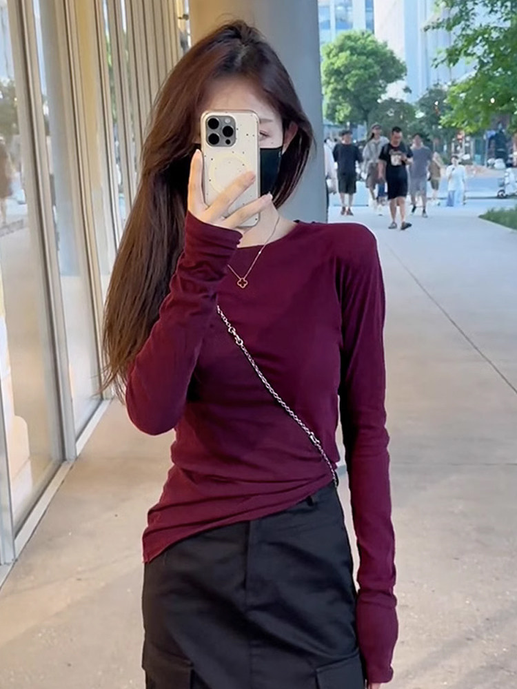 正肩长袖t恤女秋冬2025新款圆领修身内搭美式红色打底衫chic上衣