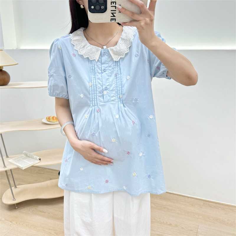 Maternity Summer Tops Short-Sleeved Lapel Doll Shirts Maternity Wear 2026 New Style Round Neck Trendy Mom Pregnancy Clothes