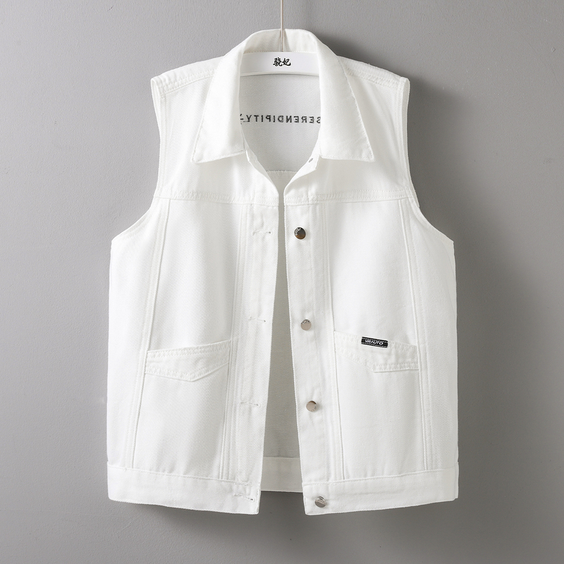 Embroidered White Lapel Button Denim Vest for Women, Spring and Autumn 2026, Sleeveless, Large Pockets, Casual Outerwear Vest