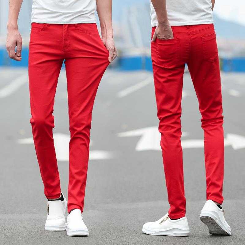 Pure Red Jeans for Men, Casual Slim Fit, Stretchy Skinny Pants, Korean Style, Trendy, Unique, Tight-Fitting, Stylish Long Pants, New Model