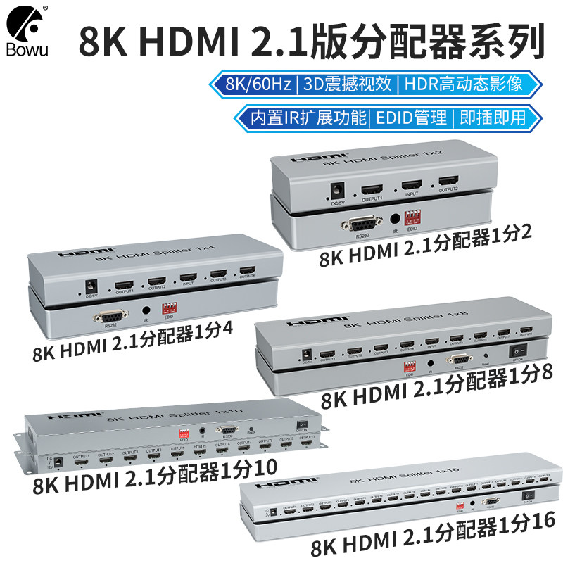 2.1版HDMI分配器一分2/4/8/10/16十六口四出1进16出监控视频8K60Hz电脑机顶盒同步显示器电视投影仪分屏器4K