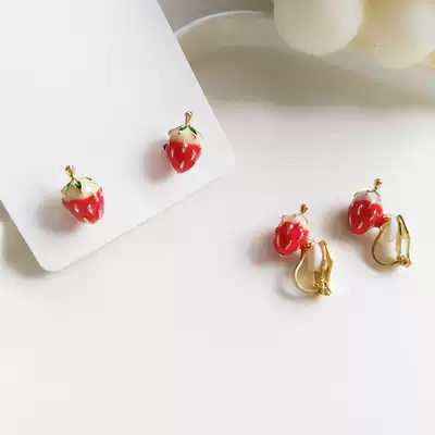 S925 silver sweet simple small earrings simulation fruit strawberry earrings drip oil wild ear clip no pierced ears 107