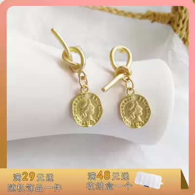 S925 silver needle Japanese and Korean simple trend metal simple geometric shape retro gold coin ear needle creative ear decoration 228