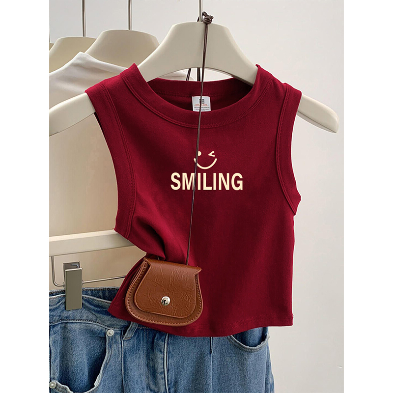 Burgundy Letter Print Camisole for Women 2026 New Summer Outerwear, Slim Fit Short Sleeveless Top That Covers Side Breasts Burgundy Letter Print Camisole for Women 2026 New Summer Outerwear, Slim Fit Short Sleeveless Top That Covers Side Breasts
