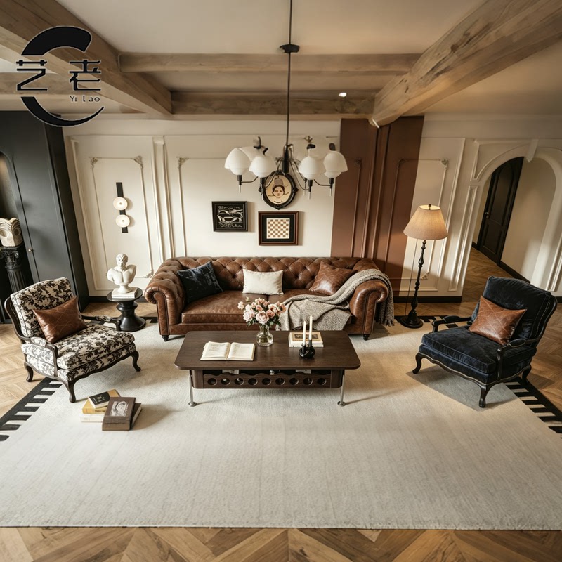 Villa Living Room American-Style Leather Sofa, Hotel Club Hall Reception Sofa, Beauty Salon High-End Fabric Sofa