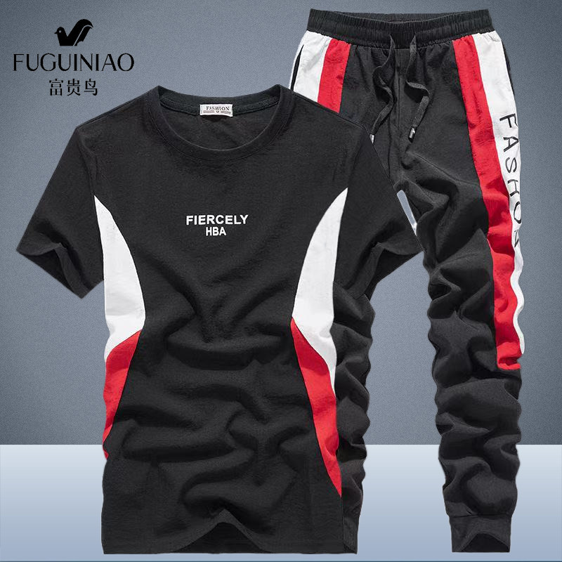 Rich bird summer ice silk suit men's casual breathable two-piece outdoor short-sleeved T-shirt sportswear bundle foot men's clothing