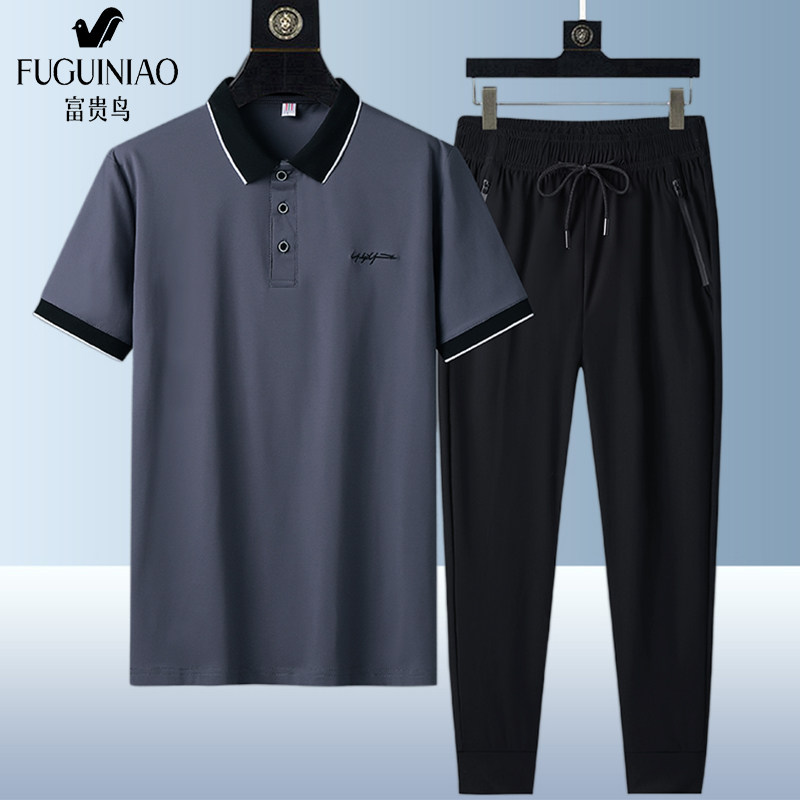 Rich bird short-sleeved suit men's summer new ice silk breathable sportswear outdoor thin casual sports suit men