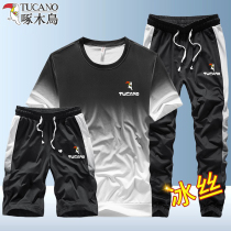 Woodpecker short-sleeved suit mens summer thin ice silk sportswear mens outdoor large size leisure sports three-piece suit men