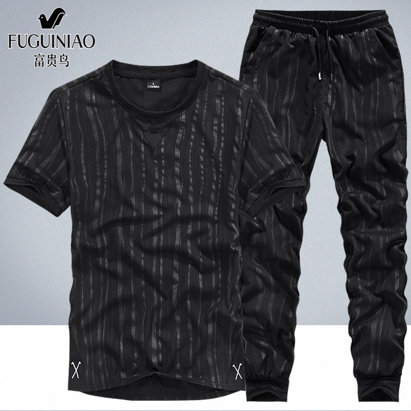 Rich bird ice silk suit men's summer short-sleeved T-shirt men's trend new summer casual suit breathable two-piece set - Taobao