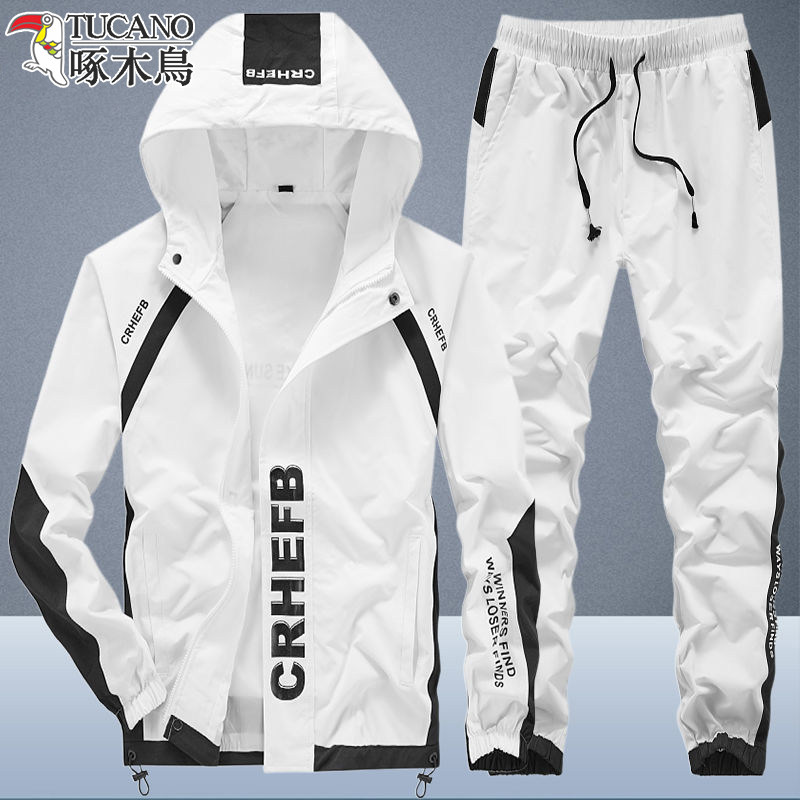 Woodpecker sports suit male spring fall casual cap breathable running suit men outdoor large number two sets