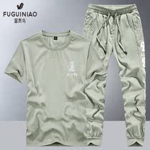 Rich bird short-sleeved suit mens summer thin section breathable ice silk sportswear outdoor large size loose T-shirt two-piece set