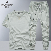 Fuguiniao summer short-sleeved suit mens thin ice silk breathable sportswear outdoor leisure large size two-piece suit