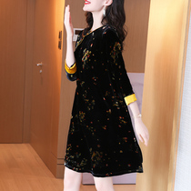 Silk velvet dress autumn and winter 2021 new female high-end improved cheongsam temperament goddess fan black skirt