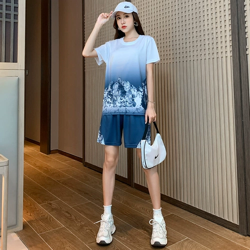 Шелковый быстросохнущий летний комплект, тонкий спортивный костюм для отдыха, в западном стиле, короткий рукав, для бега