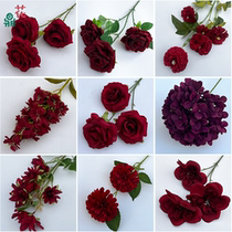 2024 Burgundy Flowers Chinese Wedding Hall Flower Wall Decoration Silk Flowers Reception Area Flower Arrangements Fake Flowers