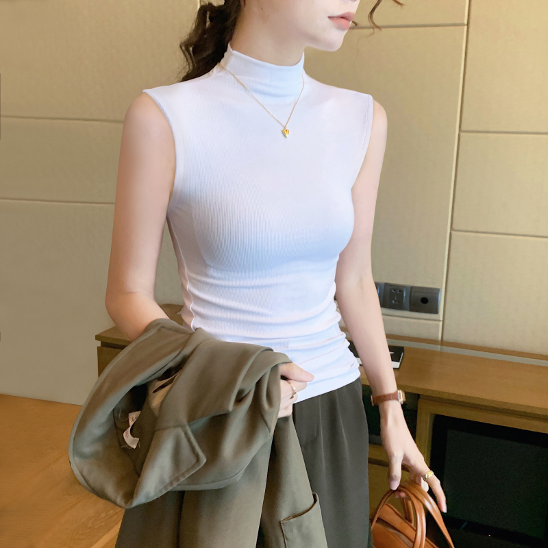 White Knitted Sleeveless Half-High Collar Vest Base Shirt for Women, Autumn 2025 New Ribbed Tank Top Inner Wear T-Shirt Top