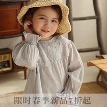 Girls Japanese and Korean Shirt Spring New Cotton Top Long Sleeve Personality Lace Wild Joker Round Neck Shirt Retro