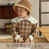 Childrens shirts Japanese and Korean retro plaid shirts for girls Spring New lapel embroidery cotton personality