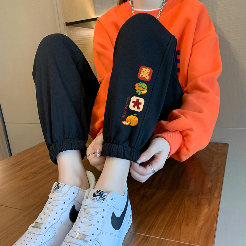 Black Sports Pants for Women 2026 Spring and Autumn New Style Sweatpants for Women Winter Fleece-Lined Loose-Fitting Fashion Casual Pants for Outdoor Wear