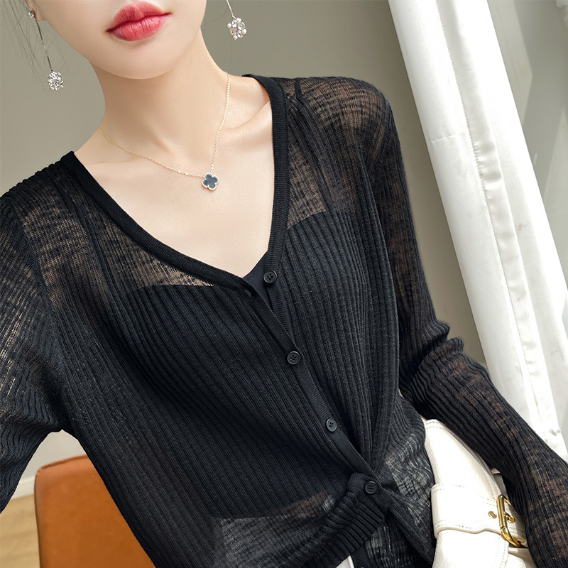 Bamboo Linen Ice Silk Sun Protection Cardigan, Thin Knitted Short Top for Women, Slimming Black Air-Conditioning Shirt, Outerwear for Slip Dress