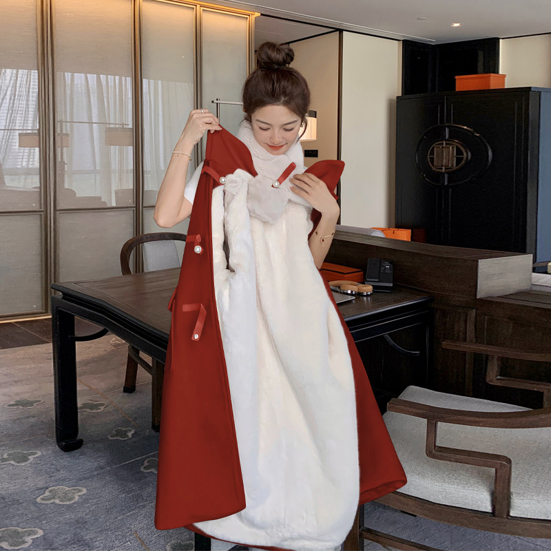Advanced sensation red fur coats female winter new middle and long style palate with Korean teas loose and thickened with velvety coat-Taobao