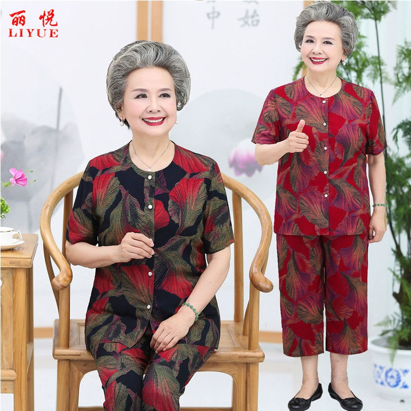 Quần áo cotton trung niên và người cao tuổi mùa hè quần áo nữ mùa hè quần áo mẹ ngắn tay hai mảnh rayon bà 70 tuổi phù hợp với áo sơ mi - Quần áo của mẹ