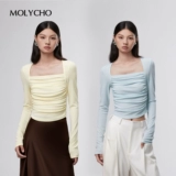 Осенний тонкий приталенный базовый лонгслив, приятный телу дизайнерский короткий корсет, квадратный вырез, тренд сезона