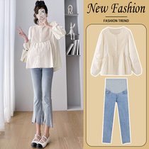 Maternity tops spring and autumn babydoll shirts 2024 new autumn long-sleeved shirts loose small autumn suits fashionable