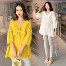 Pregnant womens suit fashion spring and summer Foreign style maternity hot mom tide doll shirt top long loose pregnant women spring dress
