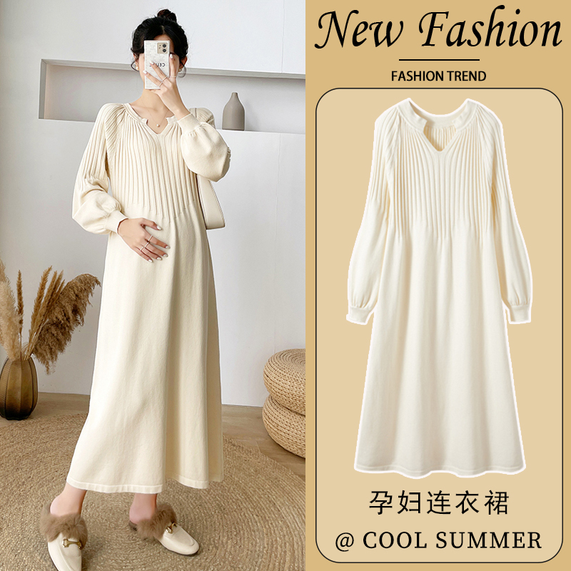 Maternity Spring and Autumn Dress, Plus-Size Knitted Elegant Long Dress, Autumn Long-Sleeved Dress, Autumn Outfit for Pregnant Women, French Style Women's Wear