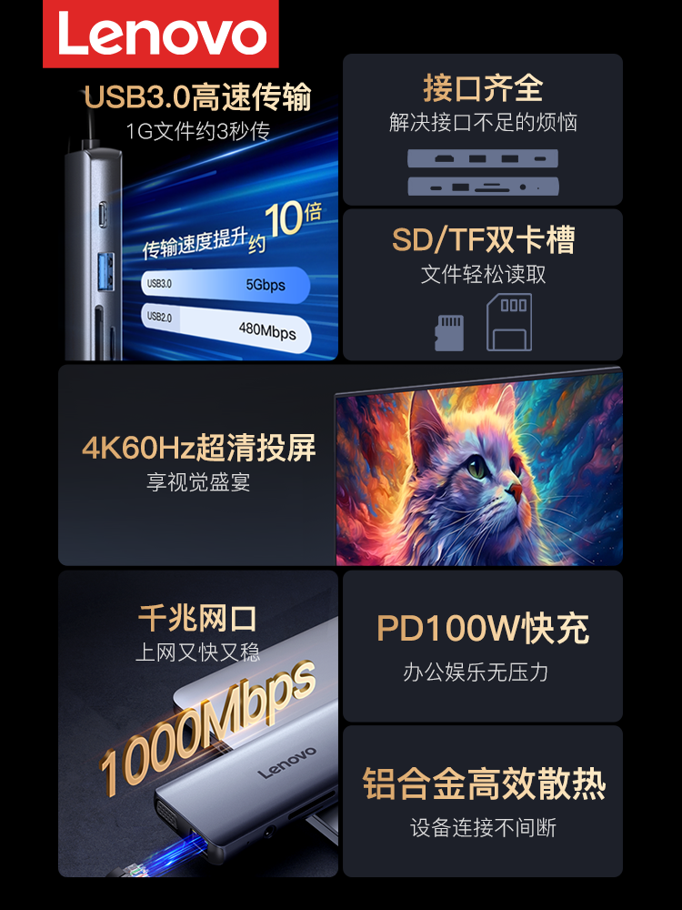 Lenovo Docking Station Type-C Expansion USB 3.0 Hub HDMI Screen Projection Adapter Multi-Function Network Cable Interface Converter Small Xiaomi Huawei Laptop iPad Tablet Phone Hub