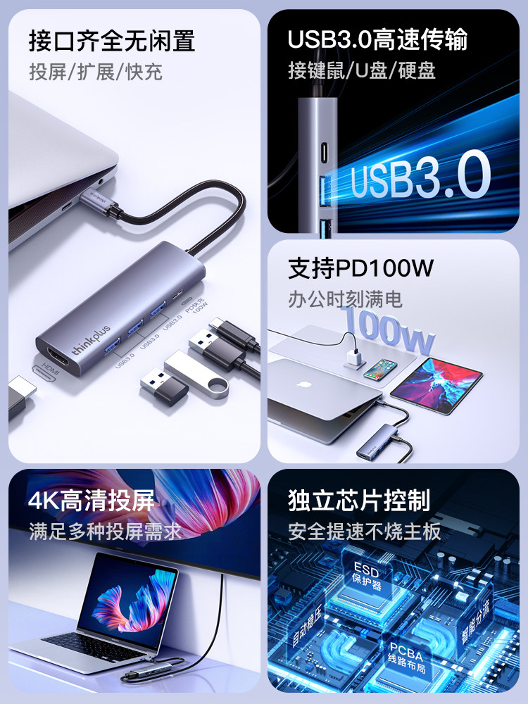 Lenovo HDMI to Type-C Docking Station for MacBook Pro/Air M4 Apple Computers, Compatible with Huawei Phones and Tablets, iPad Laptop USB Expander to Network Port, Screen Projection Thunderbolt Converter