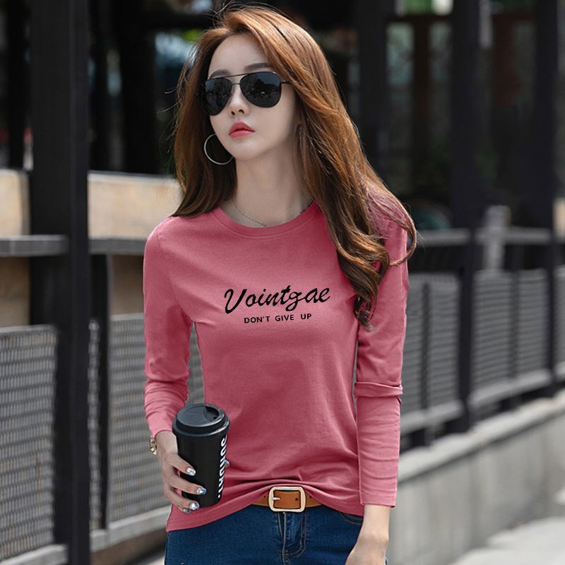 Purple Pink Pure Cotton Long-Sleeved T-Shirt for Women, Base Layer Shirt, 2025 New Autumn Korean Style, Loose and Versatile, Printed Slimming Top