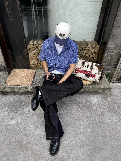 Xanvas「Royal Blue」皇家蓝色格纹抽绳短袖衬衫miu系夏季百搭