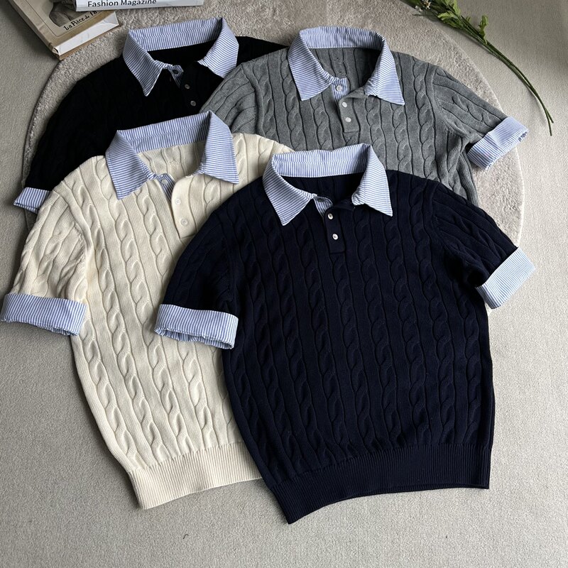 Xanvas Four-Color Faux Two-Piece Patchwork Striped Cable Knit Short-Sleeve Shirt T-Shirt Old Money Style