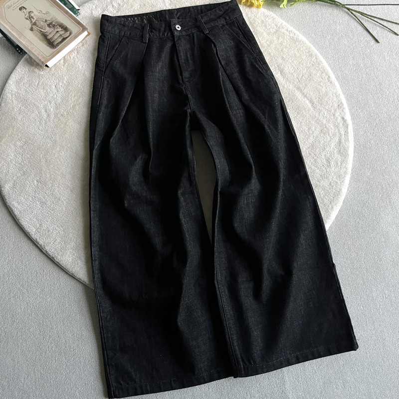 Xanvas Turkish-Made Black 14.8oz Pleated A-Line Wide-Leg Raw Denim Straight Loose Jeans Versatile