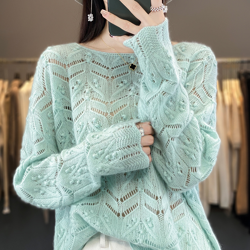Hollow Jacquard Cashmere Sweater for Women, Round Neck, Long Sleeves, Pullover, Loose, Chanel Style, 100% Pure Wool Knit Cover-Up