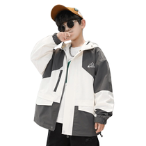 Boys spring and autumn hooded windproof casual windbreaker for middle and older children 2023 new style childrens style color matching internet celebrity jacket