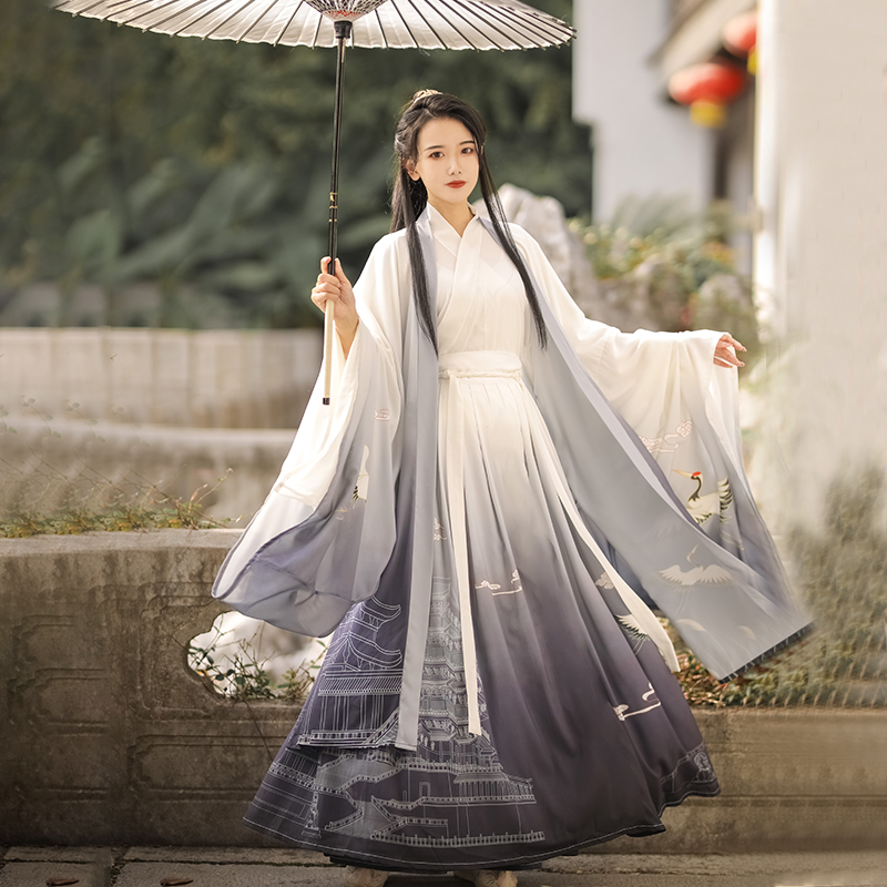 [Tengwang Pavilion]_ Ink Purple Full Set (Big Sleeve Shirt + Top + Skirt) New Products In Stock!Pavilion of Prince Teng Hanfu female quality goods original Chinese style Jin system Waist length Ru skirt Wei Jinfeng ancient costume Men's summer Thin