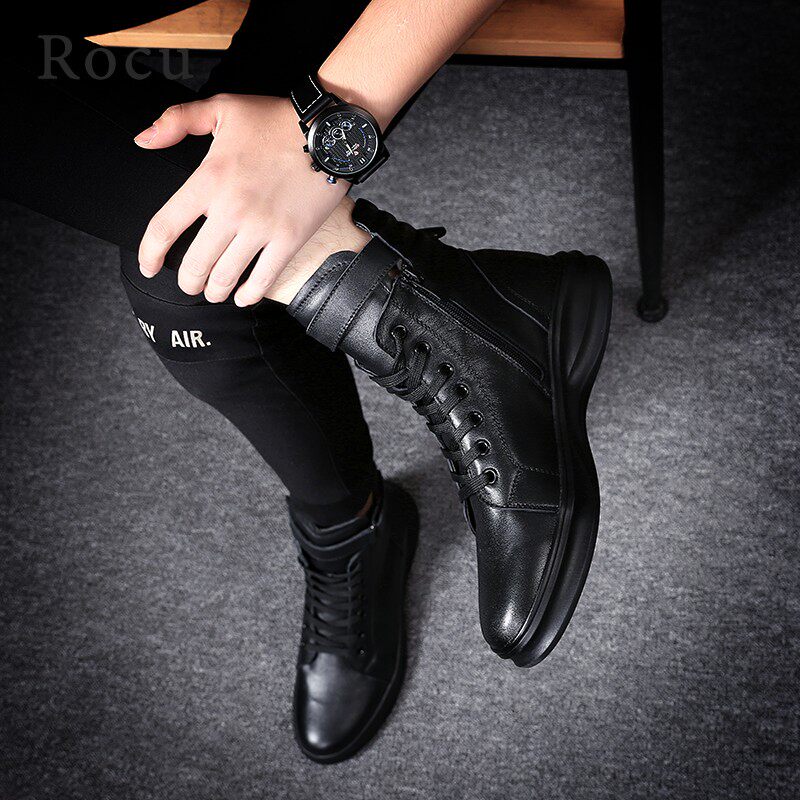 Rocu men's shoes winter 2020 new Martin boots men's boots men's high top light luxury leather boots men's shoes soft sole trend black