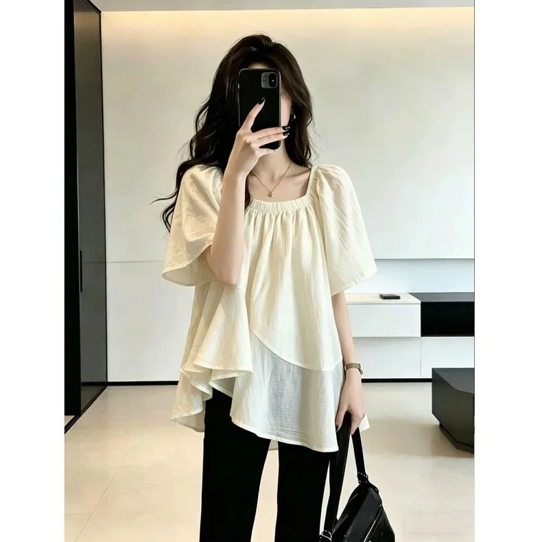 Plus Size 1.0-150kg Square Neck Chiffon Short-Sleeved Shirt for Women, Summer, Loose and Beautiful, Asymmetrical Babydoll Top for Fat Girls Plus Size 1.0-150kg Square Neck Chiffon Short-Sleeved Shirt for Women, Summer, Loose and Beautiful, Asymmetrical Babydoll Top for Fat Girls