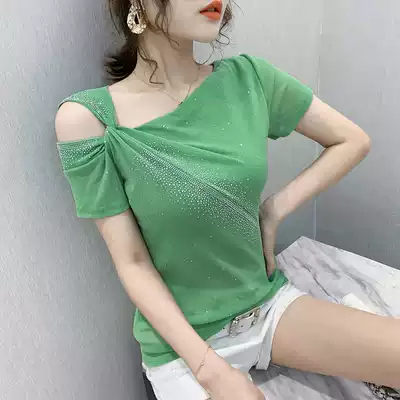 2021 summer dress new sexy strapless T-shirt women's short sleeve hot diamond top half sleeve collar small shirt net yarn T-shirt tide tide