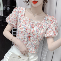 2024 summer new square collar design floral French palace style retro crochet puff sleeve short shirt for women