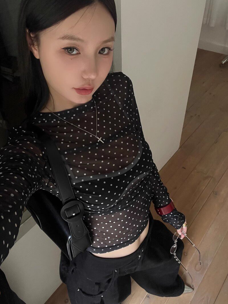 Блузка 波点网纱长袖内搭衣女春夏新款修身显瘦防晒百搭上衣潮