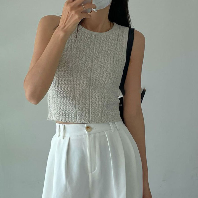 Hong Kong Style Sweet and Spicy Knitted Vest for Women, Spring and Summer New High-Waisted Slimming Sleeveless Sexy Top for Outerwear