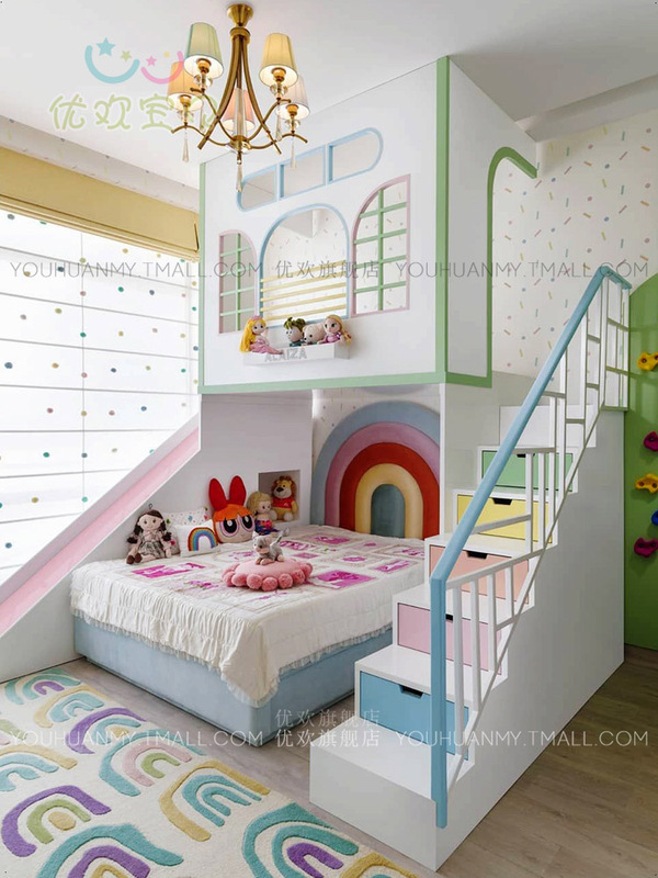 Twin Girls' Bunk Beds, Fresh and Simple Children's Bunk Beds, Rainbow Bunk Beds, Staggered Bunk Beds
